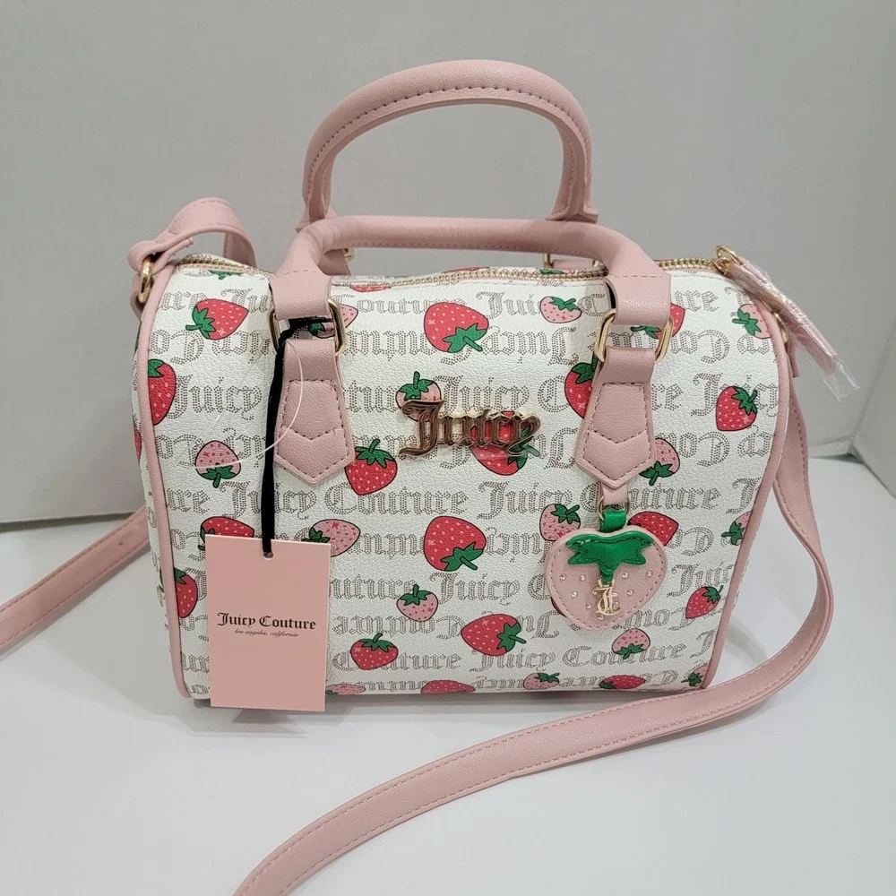 NEW Juicy Couture Pecan White Multi/Pink Diamond Freshly Picked Satchel Strawber
